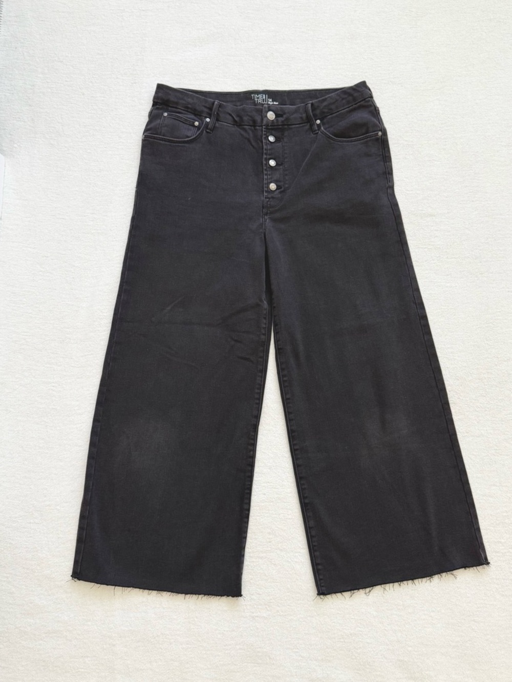 High Rise Wide Leg Black Button Front Cropped Jeans Frayed Hem Women’s Size 14